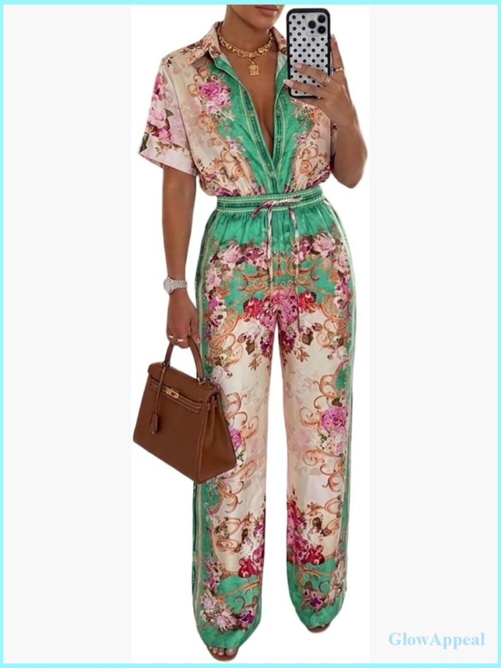 Boho Floral Short Sleeve Wide Leg Jumpsuit with Pockets